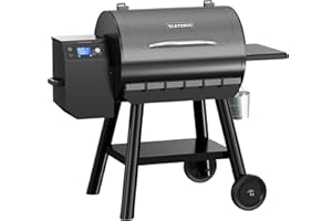 Blatomic LCD Control Wood Pellet Smoker Grill, 700 SQ. IN Cook Area, Pellet Grill with Auto Feed & Leaking Waste, 500°F Max Temperature, 8 in 1 BBQ Grill with Meat Probe, Side Table with Hooks(Black)