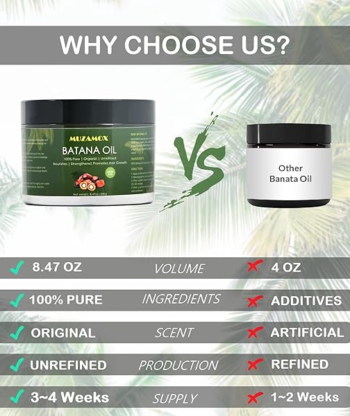 MUZAMOX BATANA OIL FOR HAIR GROWTH DR SEBI ORGANIC, 100% PURE, UNREFINED AND RAW BATANA OIL FROM HONDURAS, PROMOTES HAIR GROWTH FOR MEN & WOMEN, 8.43 OZ