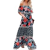 ACOSAP Women's Mexican Dress Summer Floral Print Off The Shoulder Sleeveless Beach Long Maxi Dress