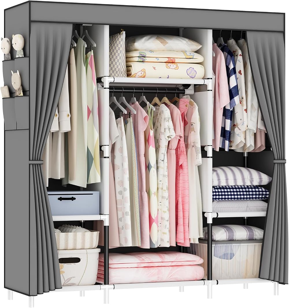 OPPAIYA Canvas Wardrobe, 3 Hanging Rails, Portable Closet, 175x150cm