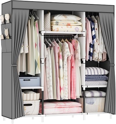 OPPAIYA Canvas Wardrobe, 3 Hanging Rails, Portable Closet, 175x150cm