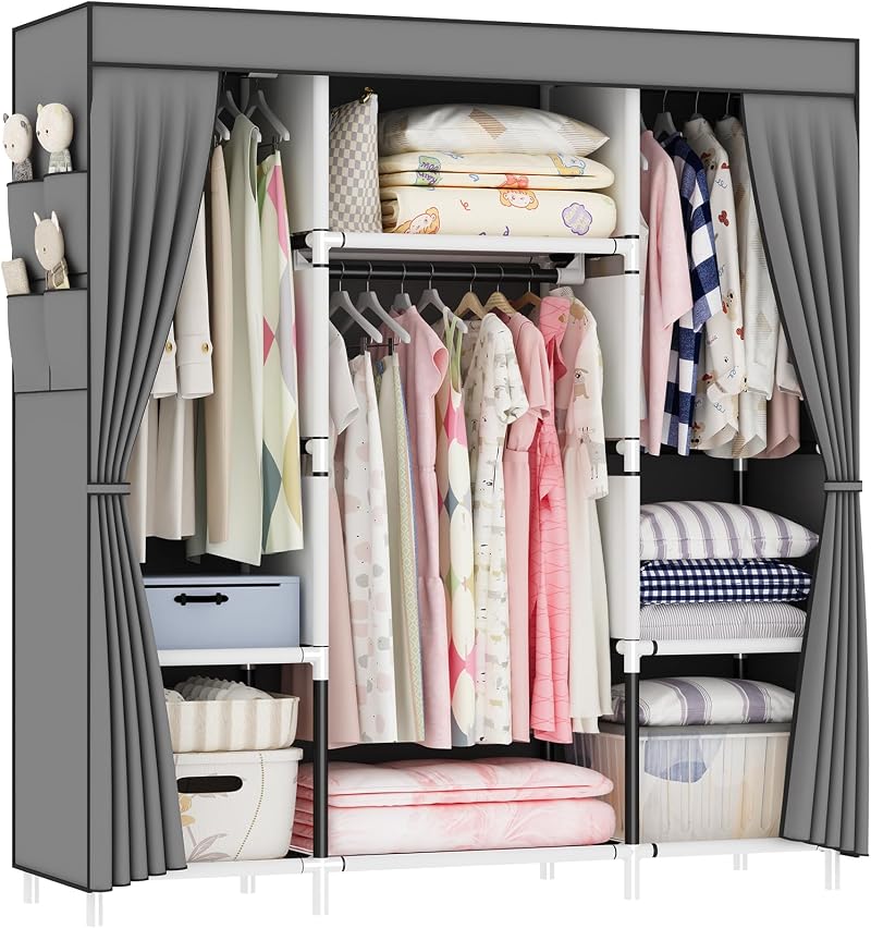 OPPAIYA Canvas Wardrobe, 3 Hanging Rails, Portable Closet, 175x150cm