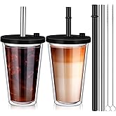 Honeydak 2 Pack 16oz Reusable Iced Coffee Cups with Lids Leakproof and Double Wall Insulated Plastic Iced Coffee Tumbler with 2 Straws and Straw Cleaner(Black)