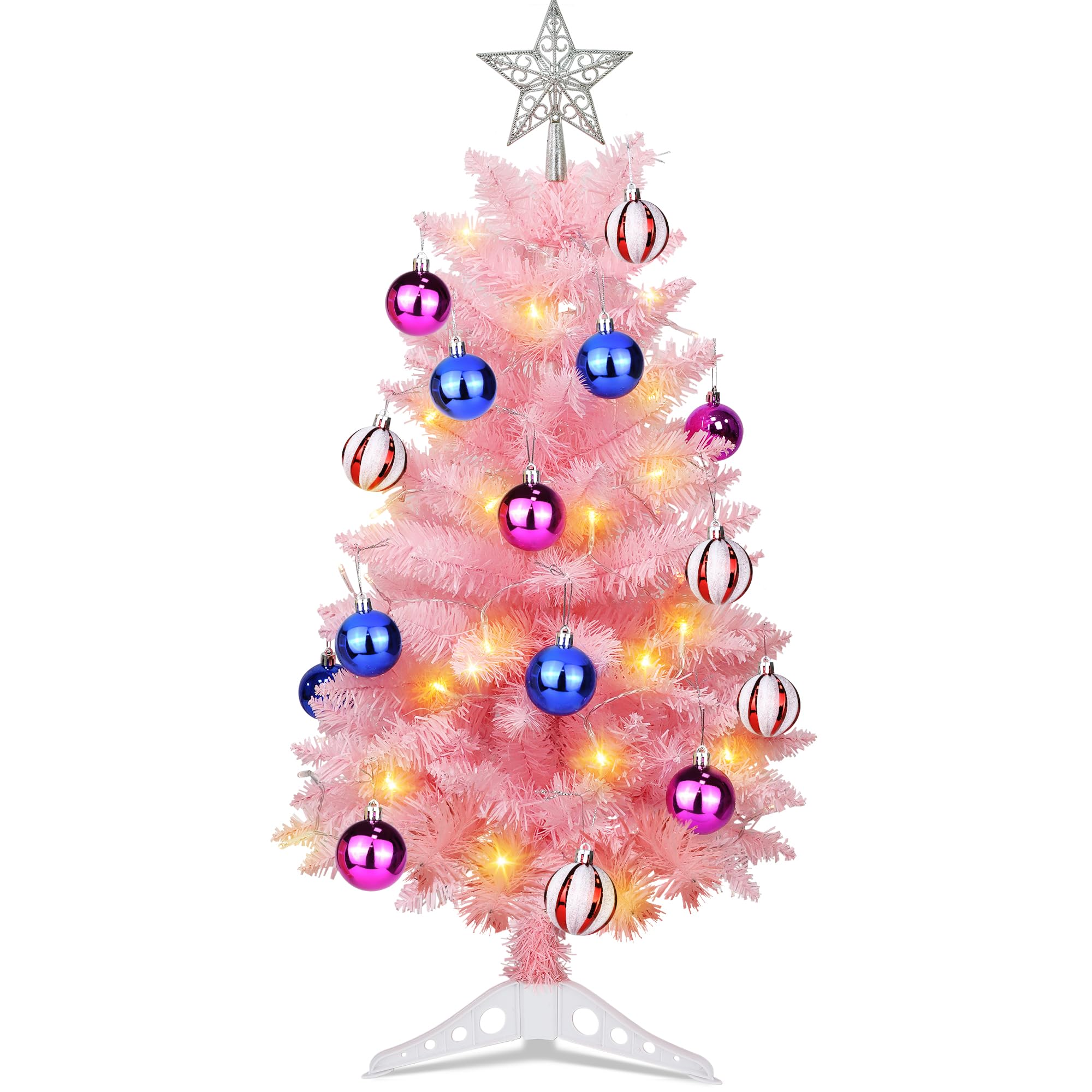 Photo 1 of [Timer & 8 Modes] 3FT Pink Christmas Tree with Lights, Artificial Small Christmas Tree with Star -Includes 15 Xmas Balls Ornament Pink Xmas Trees Decorations for Home, Office, Indoor and Outdoor