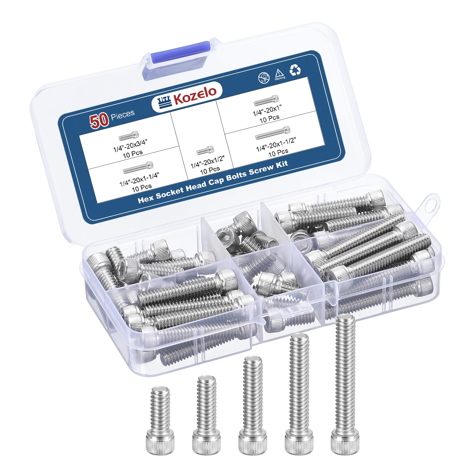 Kozelo 50pcs 1/4"-20 Socket Head Cap Screws Bolts Nuts Assortment Kit - [1/2" to 1-1/2"] 304 Stainless Steel Allen Socket Drive for 3D Printer