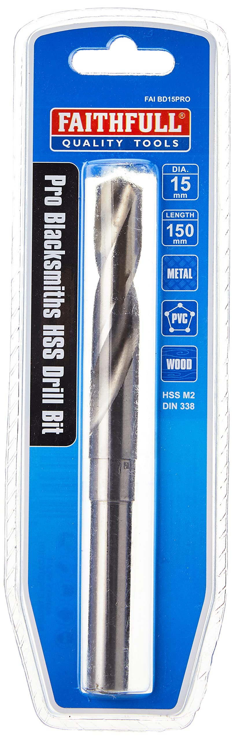 Faithfull FAIBD15PRO Blacksmiths Professional Reduced Shank HSS Drill Bit 15mm For: Hardened Alloy, Alloy, Carbon, and Stainless Steel, Cast Iron, Wood and Plastics