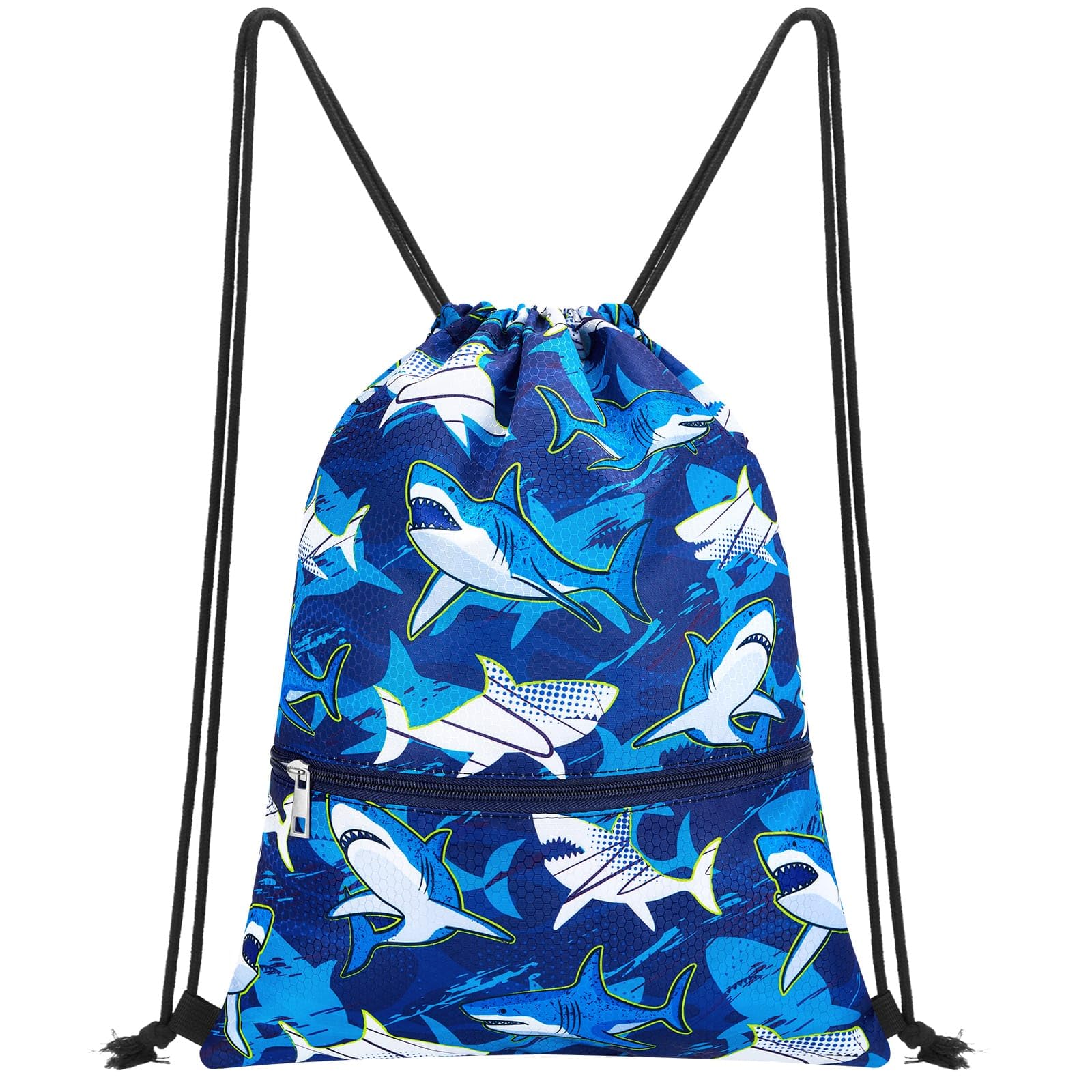WAWSAM Shark Drawstring Bag for Kids - Gym DrawString Bag for kids Swim Bags Boys Sports Draw String Bag Waterproof Beach Sport Gym String Bags with Zipper Pocket Cinch Backpack for Boys