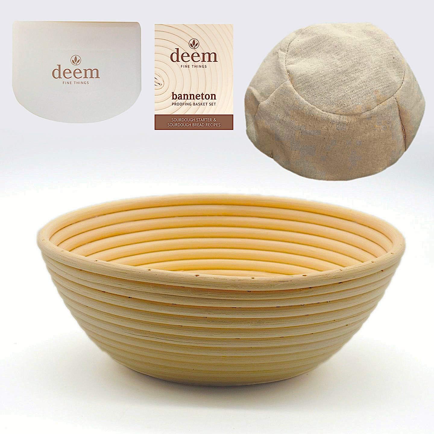 4 in 1 Set 9 Inch Round Banneton Proofing Basket for Artisan Bread with Linen Liners, Bowl Scraper - Cutter and Sourdough Starter Recipe and Sourdough Bread Recipe