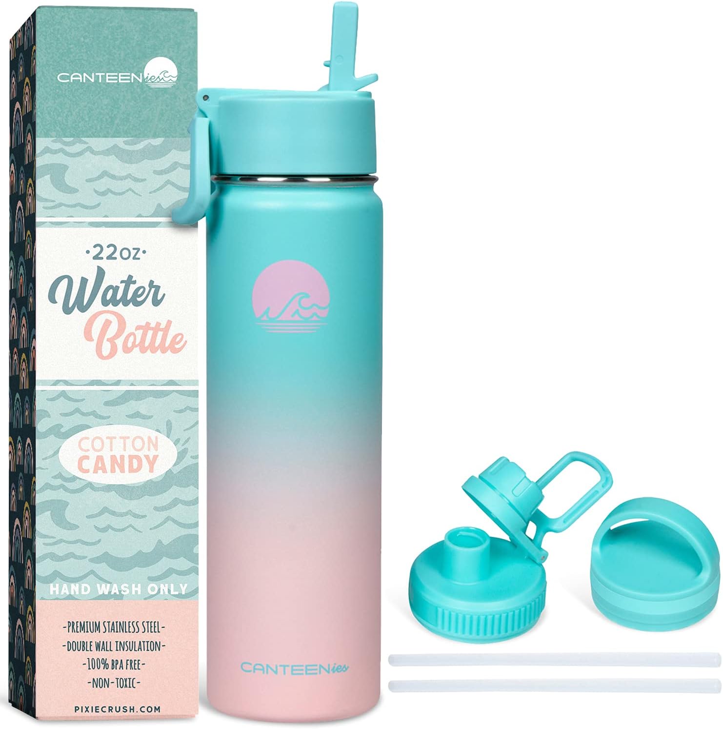 Canteenies Stainless Steel Water Bottle - Insulated Water Bottles with Straw for Hot and Cold Beverages - BPA-Free, Eco-Freindly, and Reusable Water Bottle - Cotton Candy (22 Oz)