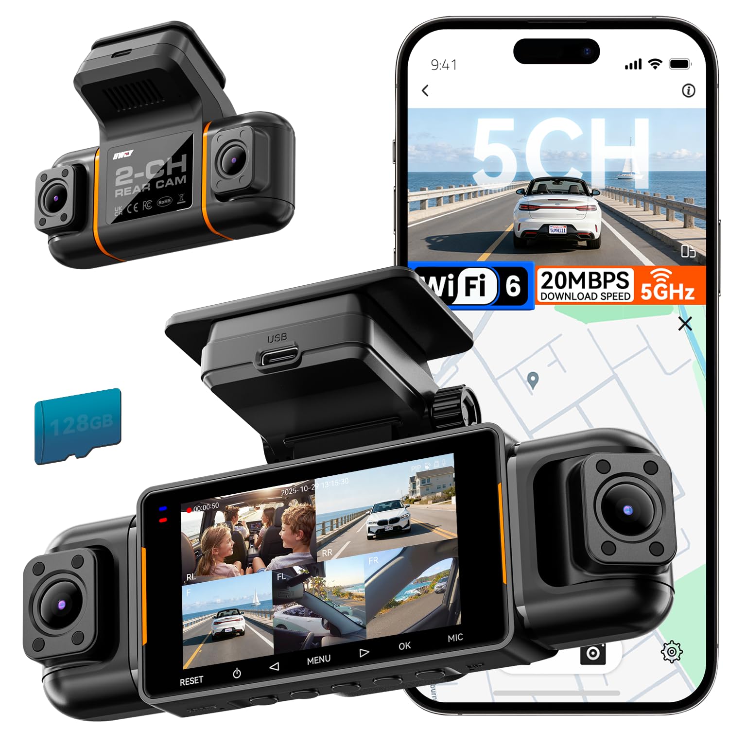 Photo 1 of IIWEY N9 5 Channel Dash Cam 360° View, 5.8G WiFi-6 with App, Free 128GB Card, FHD Front & Rear Inside, Left, Right Dash Camera for Car, 12 IR Lights Night Vision, GPS, 24/7 Parking Mode, G-Sensor