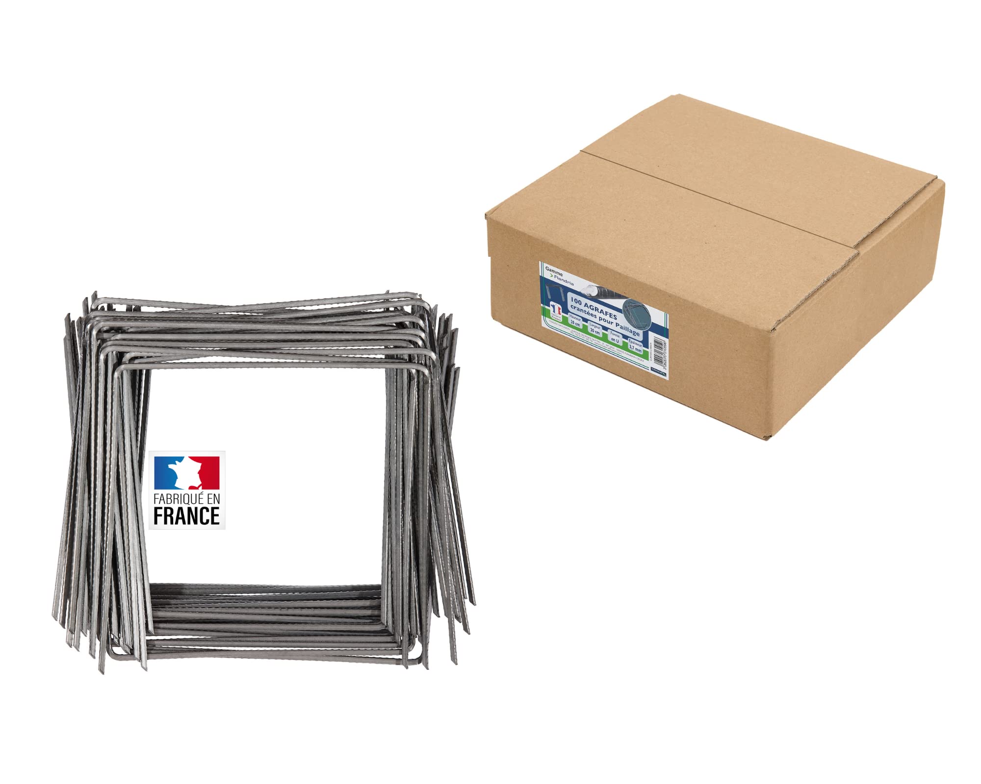 Flandria Pack of 100 Mulching Staples Diameter 4 mm Bevelled Steel Notched 20 x 20 x 20 cm Made in France