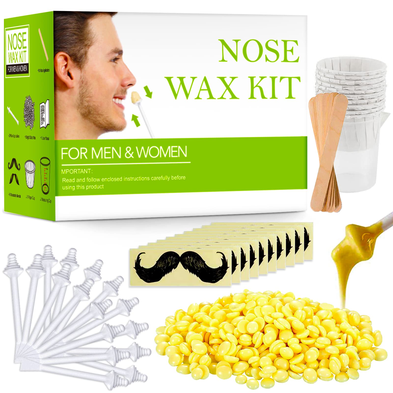 Nose Wax Kit for Men and Women, Nose Hair Removal Wax with 100g Nasal Hair Wax 20 Safe Tip 10 Wooden Applicators, 10 Containers and 10 Moustache Stencils,Painless, Easy and Quick