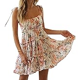 kinstell Women's Boho Spaghetti Strap Ruffle Square Neck Bowknot Backless Sleeveless Elegant Flowy Mini Short Skater Dresses