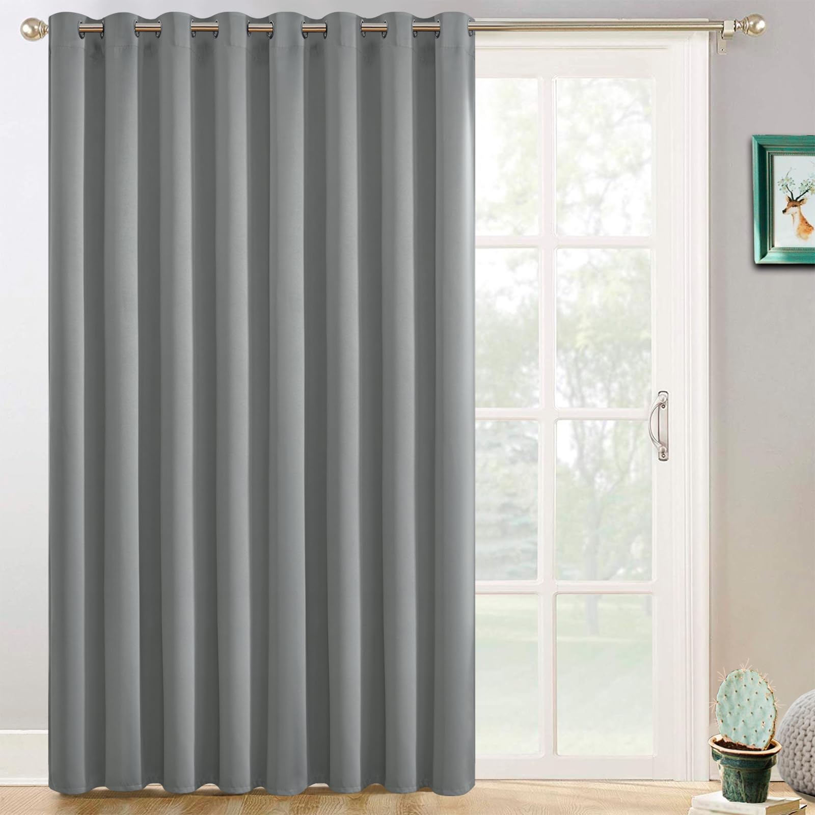 Yakamok Blackout Patio Curtains 100x84 Inches for Sliding Door Extral Wide Blackout Curtain Panels Thermal Insulated Room Divider - Grommet Top, 7' Tall by 8.3' Wide - Dove Grey Image