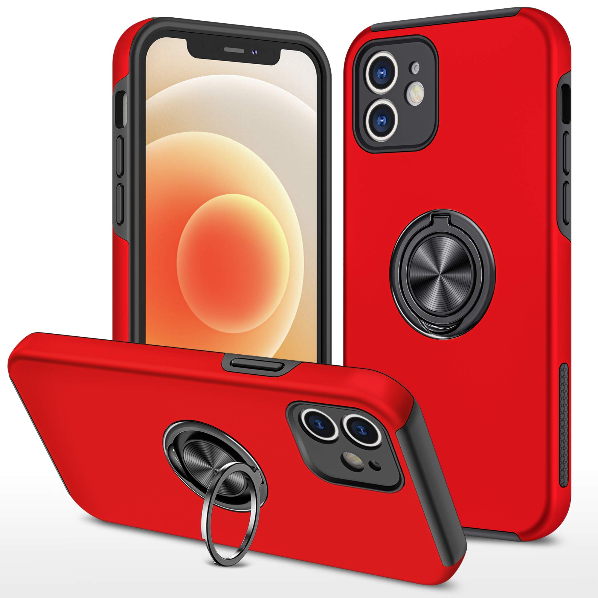 EYZUTAK Case for iPhone 12 6.1 inch, 360 Degree Rotation Magnetic Metal Finger Ring Holder Magnet Car Holder Inner Silicone with Camera Protection Glossy Anti-drop Hard Cover - Red