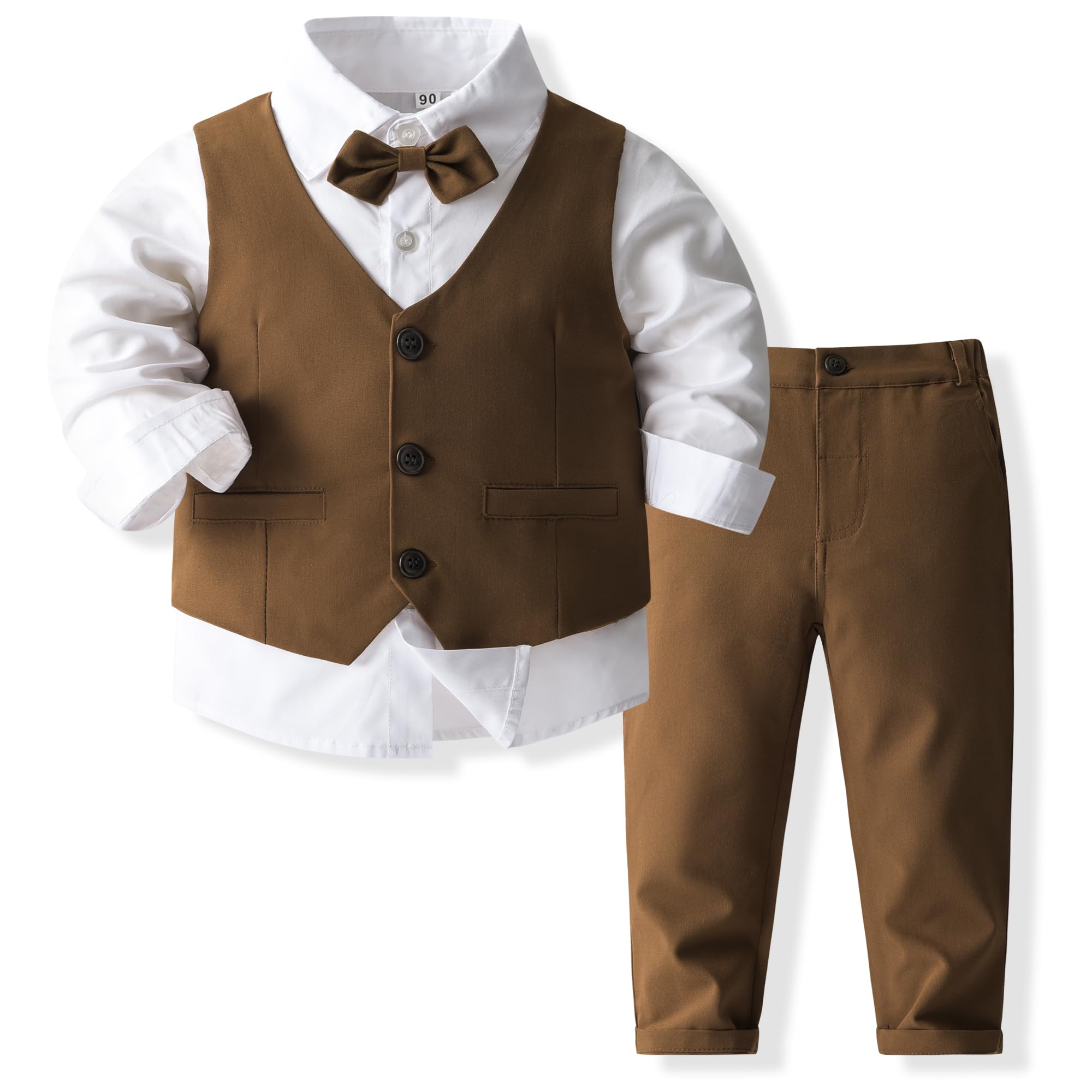 Photo 1 of (missing bow tie) Boys 3Pcs Clothing Sets Cotton Long Sleeve Bowtie Shirts +Vest +Pants Casual Suit (as1, Age, 2_Years, Brown)