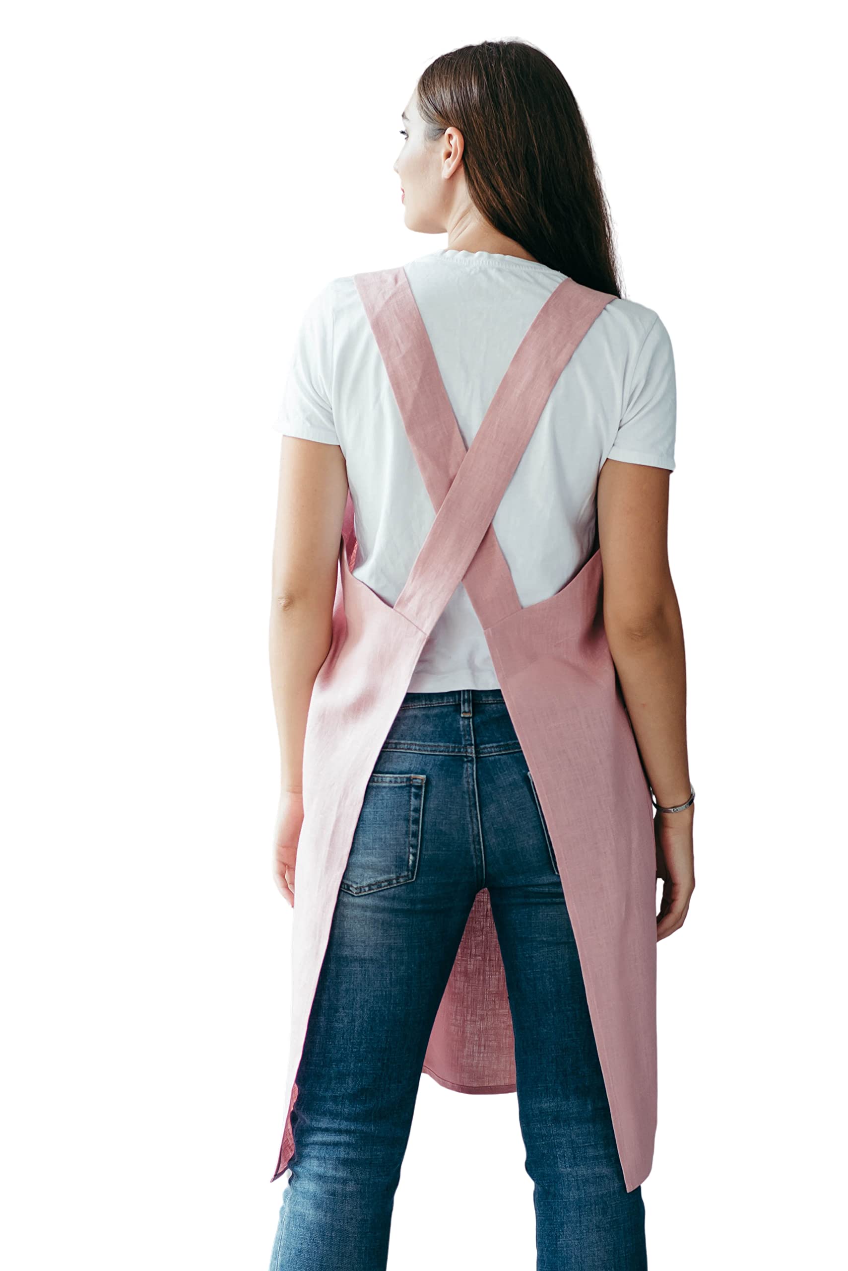 Bunny Street 100% Linen Pinafore Apron - Cross-back Pink Smock for Baker, Artist, Gardener, Florist