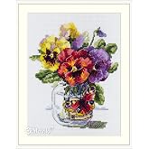 Merejka Counted Cross Stitch Kit Pansies and Butterfly K-153 - Pansies in a Glass Jar &amp; Peacock Butterfly - Zweigart 14-Count White Aida, 23 DMC Colors - Finished 16x17 cm (6.3x6.7 in)