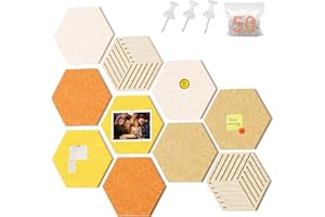 FOCHIER F 10PCS Hexagon Cork Boards for Walls Decor,12"*10.2" Felt Bulletin Board Tiles Sets for Home Office Class Kitchen with 50 Push Pins,Self Adhesive DIY Pin Board for Photos Memos