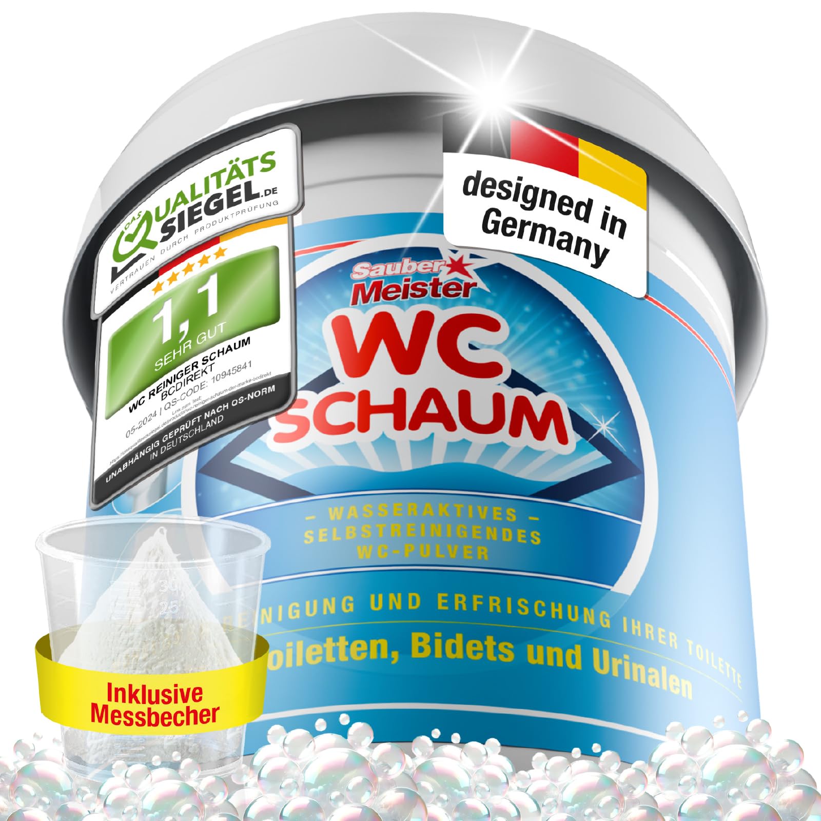 SAUBER MEISTER WC SCHAUMREINIGER PULVER – Extra starker WC Schaum für gründliche Sauberkeit – Kraftvoller WC-Reiniger gegen Kalk & Urinstein – Selbstreinigende Pulverform – 1000 g