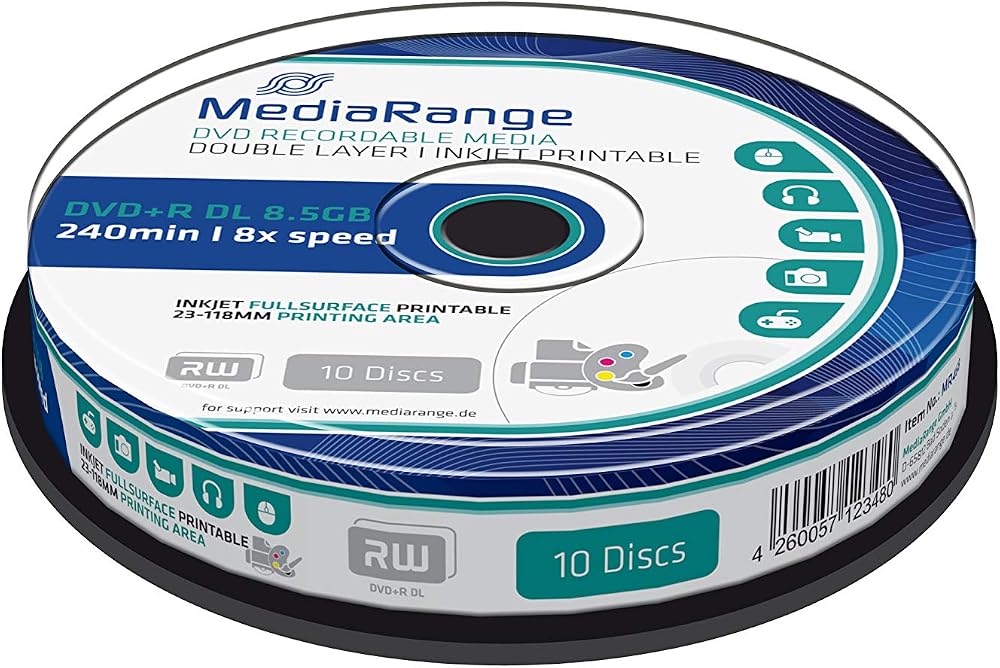 MediaRange DVD+R DL 8.5GB 8x White Inkjet Printable (10 Pack) MR468