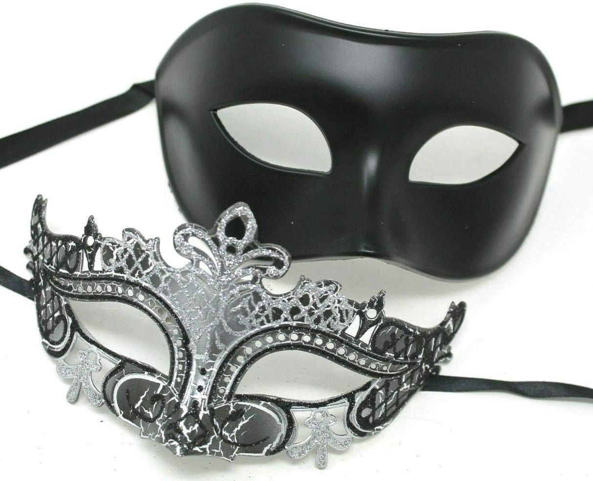 HIS N HERS PAIR OF CO-ORDINATED SILVER & BLACK COUPLES VENETIAN MASQUERADE CARNIVAL PARTY BALL EYE MASKS, Silver Black, 8cm deep - Image 4