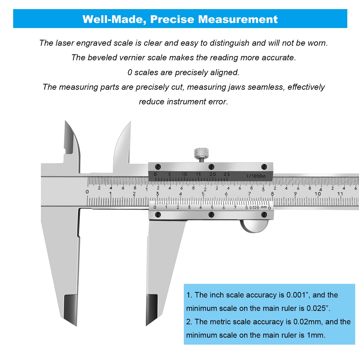 ZLKSKER 8 Inch / 20 cm Micrometer Vernier Caliper, Stainless Steel Precision Measuring Tool (Inch/Metric), Depth/Inside/Outside/Step Measurement, Accuracy 0.001