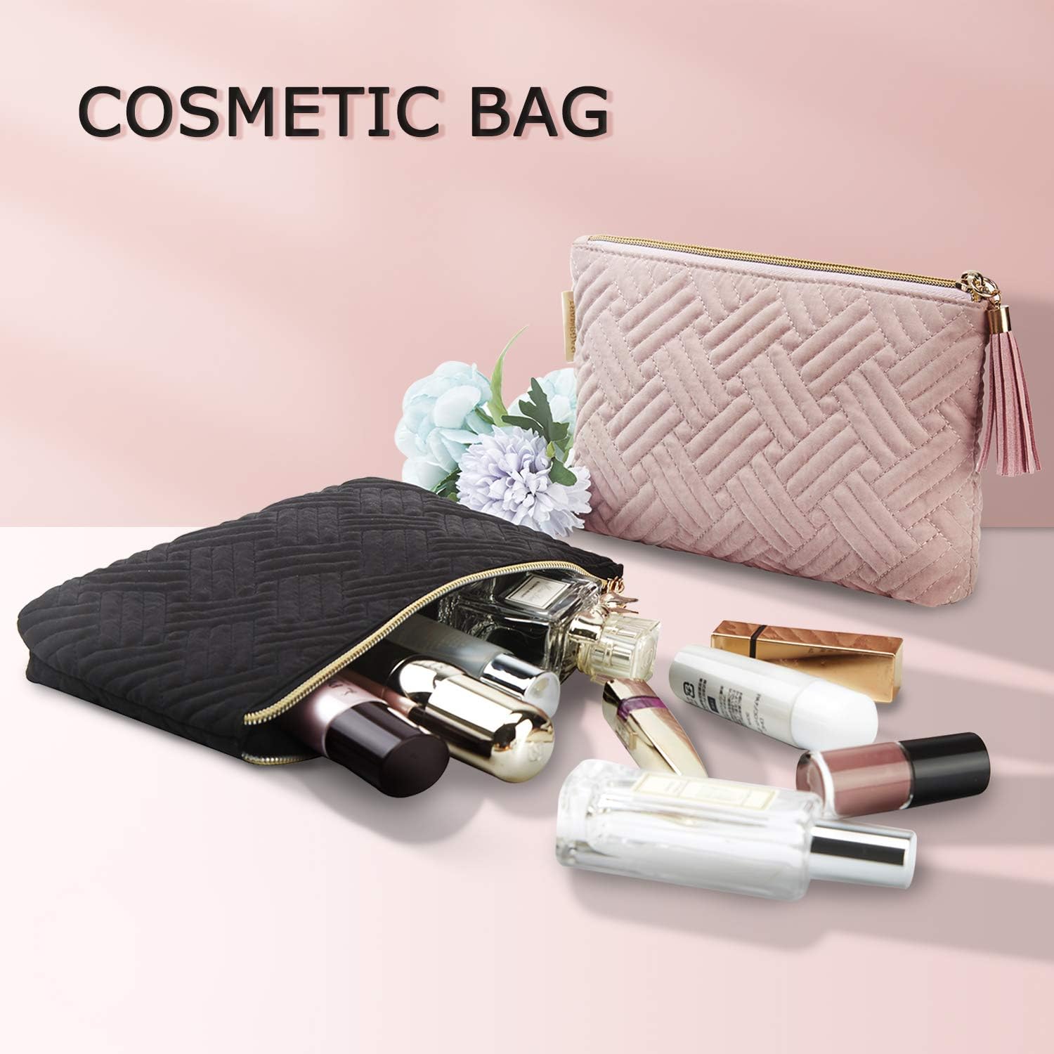 Cosmetic Bag for Women, BAGSMART 2 Pcs Small Makeup Bag for Purse Travel Cosmetic Pouch for Makeup Brushes Lipsticks Electonic Accessories, Pink+Black