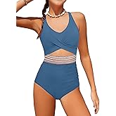 Girls Swimsuit Criss Cross Cutout One Piece Bathing Suit Color Block V Neck Back Tie Swimwear 9-16Y