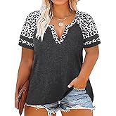 CARCOS Plus Size Tops for Women Short Sleeve Summer Pullover Color Block Crewneck/V Neck Tee Tunic Loose Fit Tshirts XL-5XL