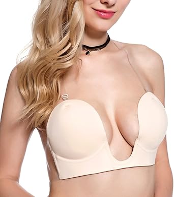 Amazon.com: LamourLove sostén sin tirantes, con push up, con escote en U profundo, sin espalda, para vestidos, para mujer, Plunge, C, Beige: Clothing
