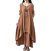 R.Vivimos Women Long Sleeve Cotton Casual Loose Plus Size Irregular Long Dresses