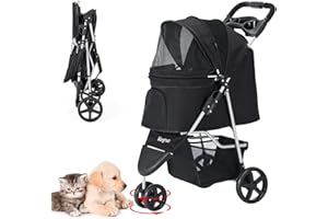 LPOTIUS Pet Stroller, Cat Dog Stroller with Storage Basket Foldable Lightweight Dog Carrier Trolley Jogging Stroller, 3 Wheel, Balck