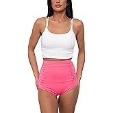 Coral Reef Swim Tankini Swimsuits for Women - White Double Strap Tankini Top & Pink Ultra High Rise Ruched Bottoms (XXS-3XL)