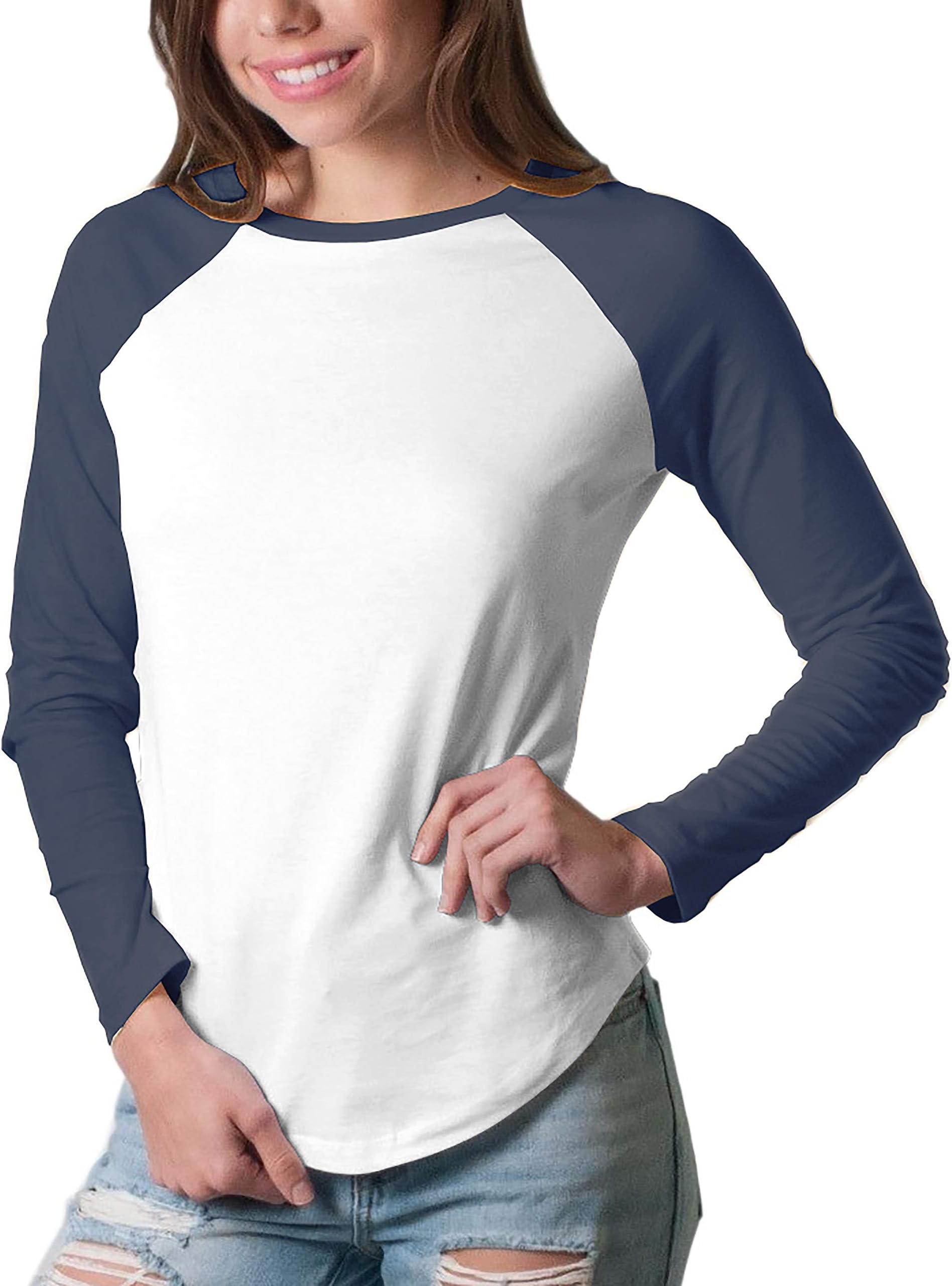 Friday Chic Women's Raglan Long Sleeve Baseball Shirt (Small, White/Denim Blue)