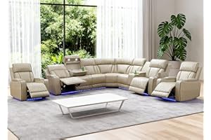 Anthato Power Recliner Sectional Sofa Set, Living Room Furniture Sets, L-Shaped Recliner Sofa & 2 Chairs, Breathing Leather Reclining Couch with Coffee Table for Living Room (Sectional+2Chair,Khaki)