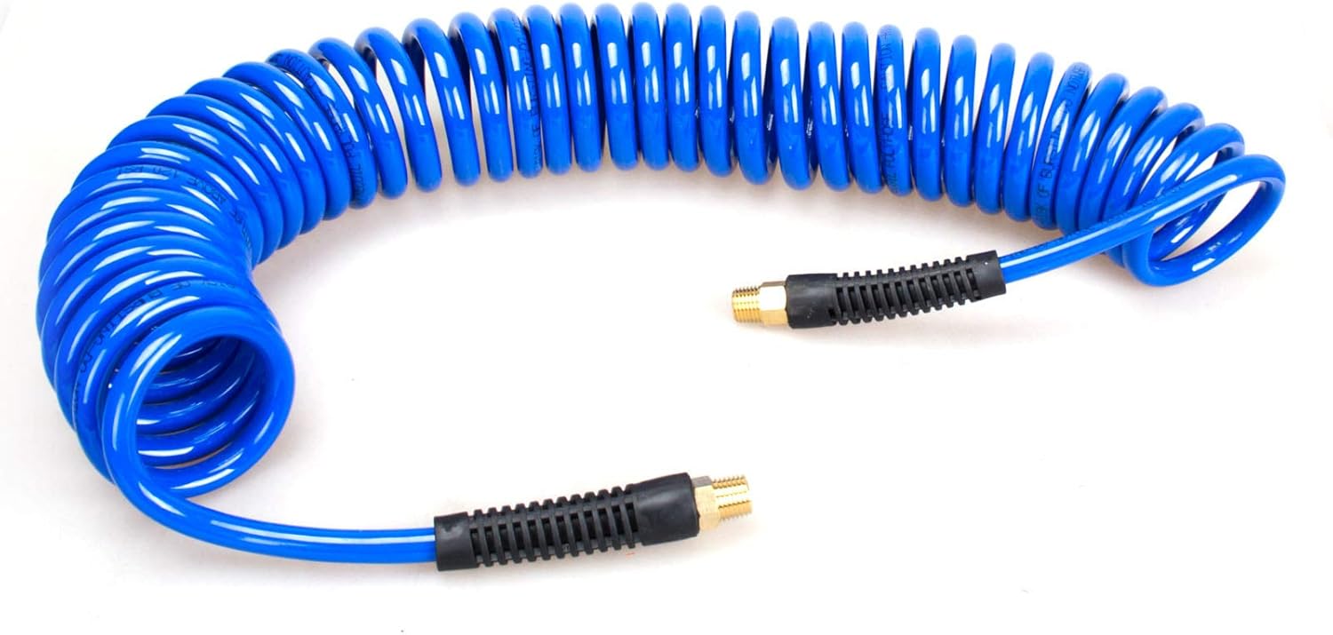 FYPower 1/4 inch x 25 ft Recoil Poly Air Hose Kit, 20 Pieces Air Compressor Accessories Set, 1/4" NPT Quick Connect Air Fittings, Blow Gun, Chuck, Safety and Tapered Nozzles, Couplings - - 