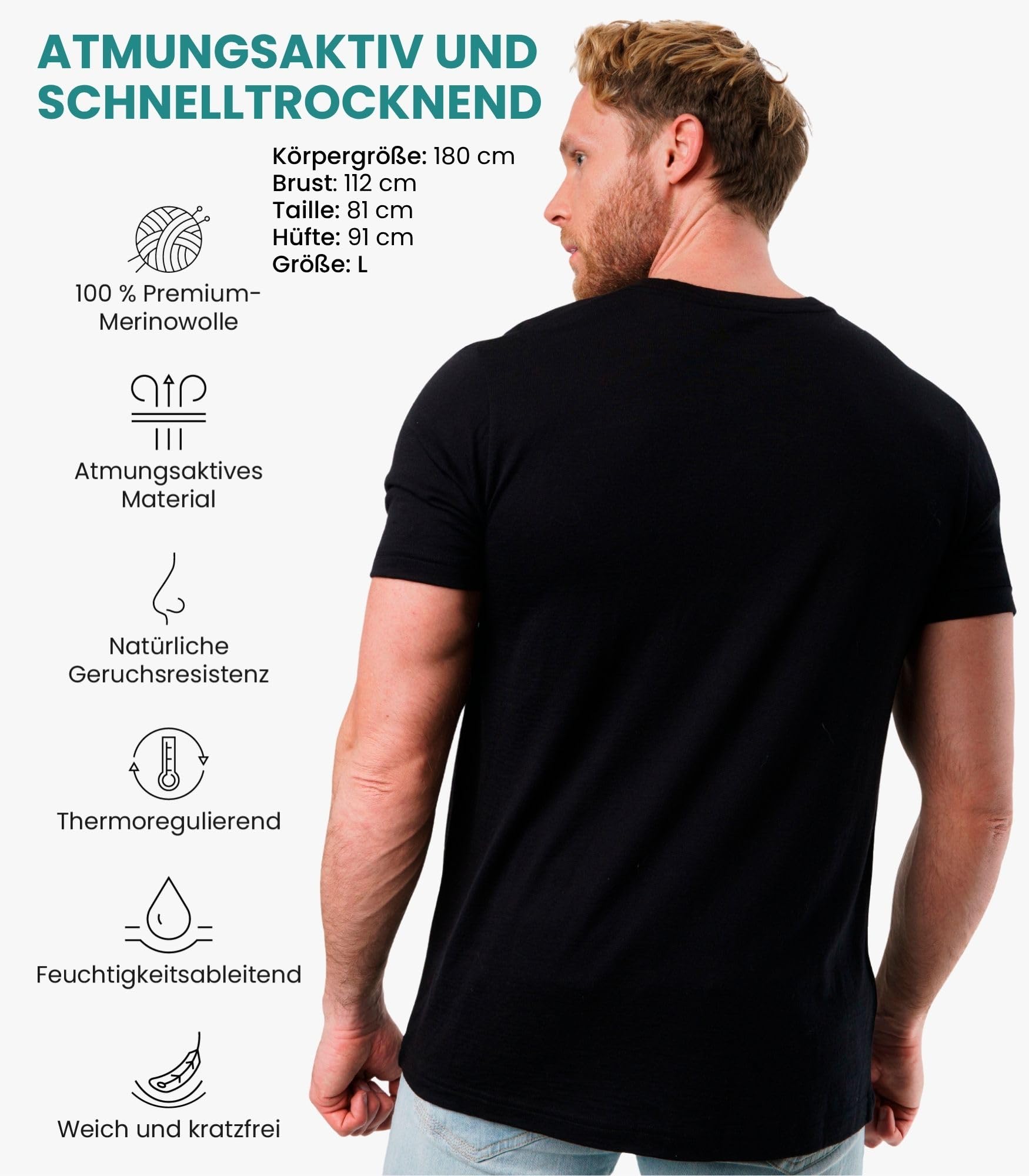 Premium Merino Shirt Herren Kurzarm - Thermooberteile 100% Merino Unterwäsche Herren + Wanderwollsocken (Medium, Black Ink) 2