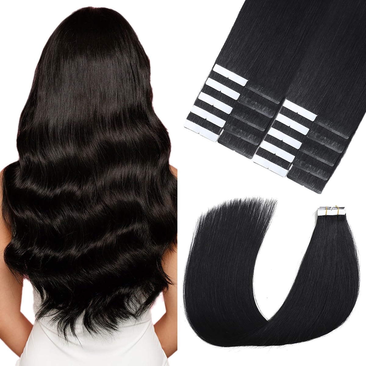 Sindra Tape in Hair Extension-14 Inch 50g Jet Black Straight Invisible Tape in Extensions-Real Human Hair for Women 20pcs/pack #1 14" — image 1