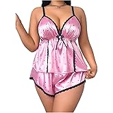 OYOANGLE Women's Plus Size Silky Satin Pajama Set Cute Heart Print Ruffle Cami Top and Shorts Sleepwear