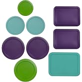 Replacement Lids for Pyrex Bowls, Dishes 9 Pc Set, Green, Turquoise, Purple | 1, 2, 3, 4, 6, 7 Cup Sizes, BPA-Free Round and Rectangular Covers, Fits 7200, 7201, 7202, 7203, 7210, 7211, 7402 Containers