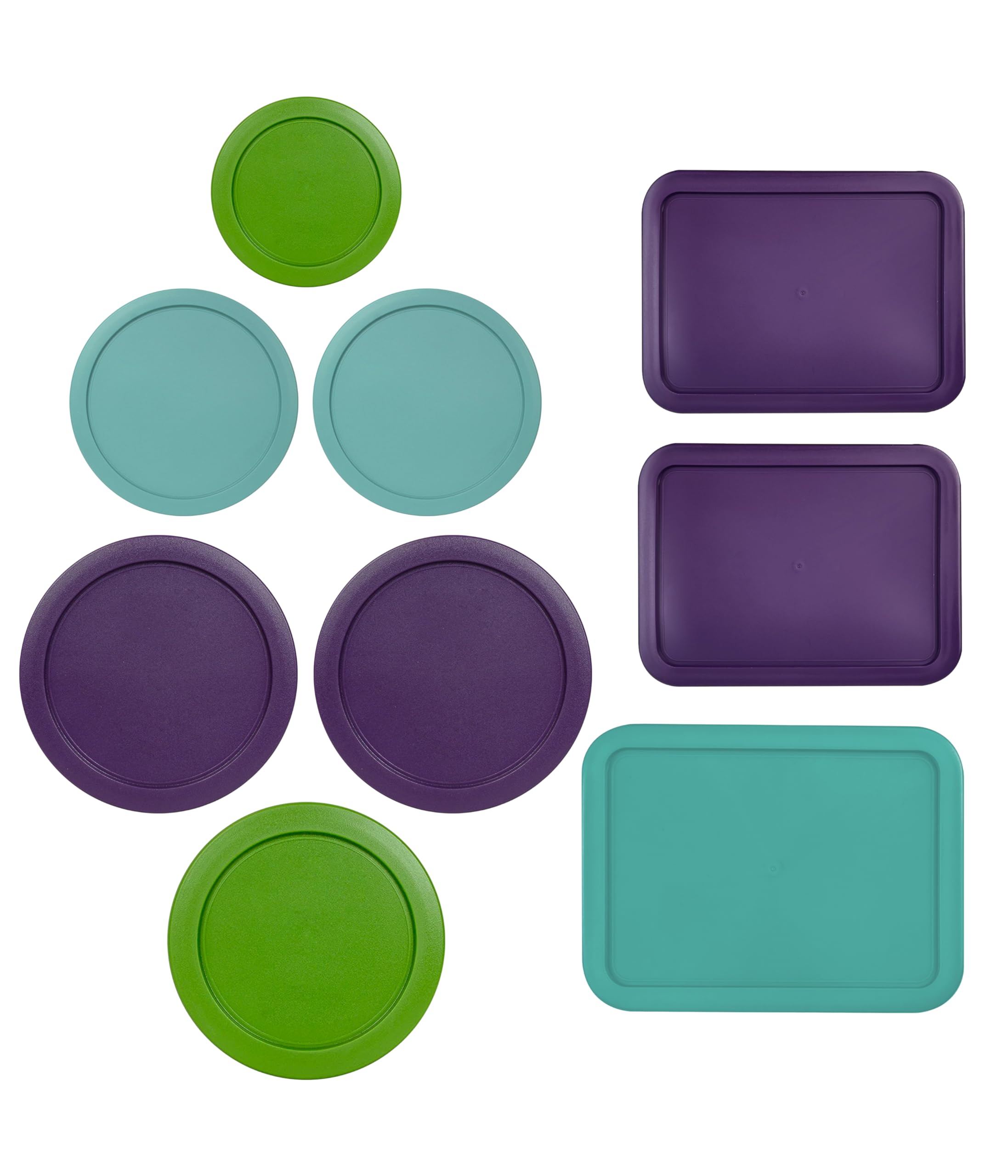 Photo 1 of **PARTIAL SET/ 4 PIECES ** Replacement Lids for Pyrex Containers (1) 1-Cup Green (2) 2-Cup Turqoise (2) 4-Cup Purple (1) 7-Cup Green (2) 3-Cup Purple (1) 6-Cup Turqoise Round Rectangle