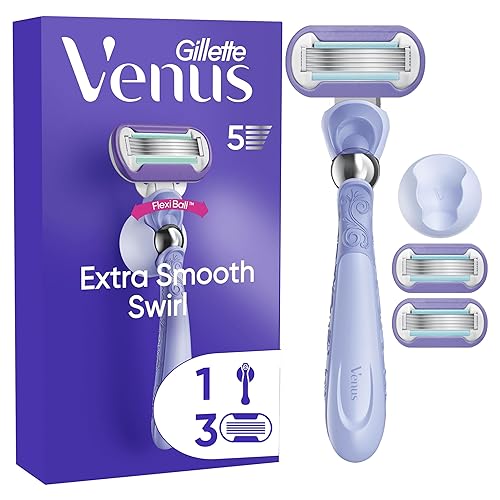 Gillette Venus Extra Smooth Swirl Women’s Razor, 3 Refill Razor Cartridges, Pivoting Reusable Handle and Shower Holder