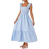 Caracilia Womens Summer Casual Maxi Dress Ruffle Spaghetti Strap Gingham Smocked Long Dresses 2026 Spring Vacation Sundress
