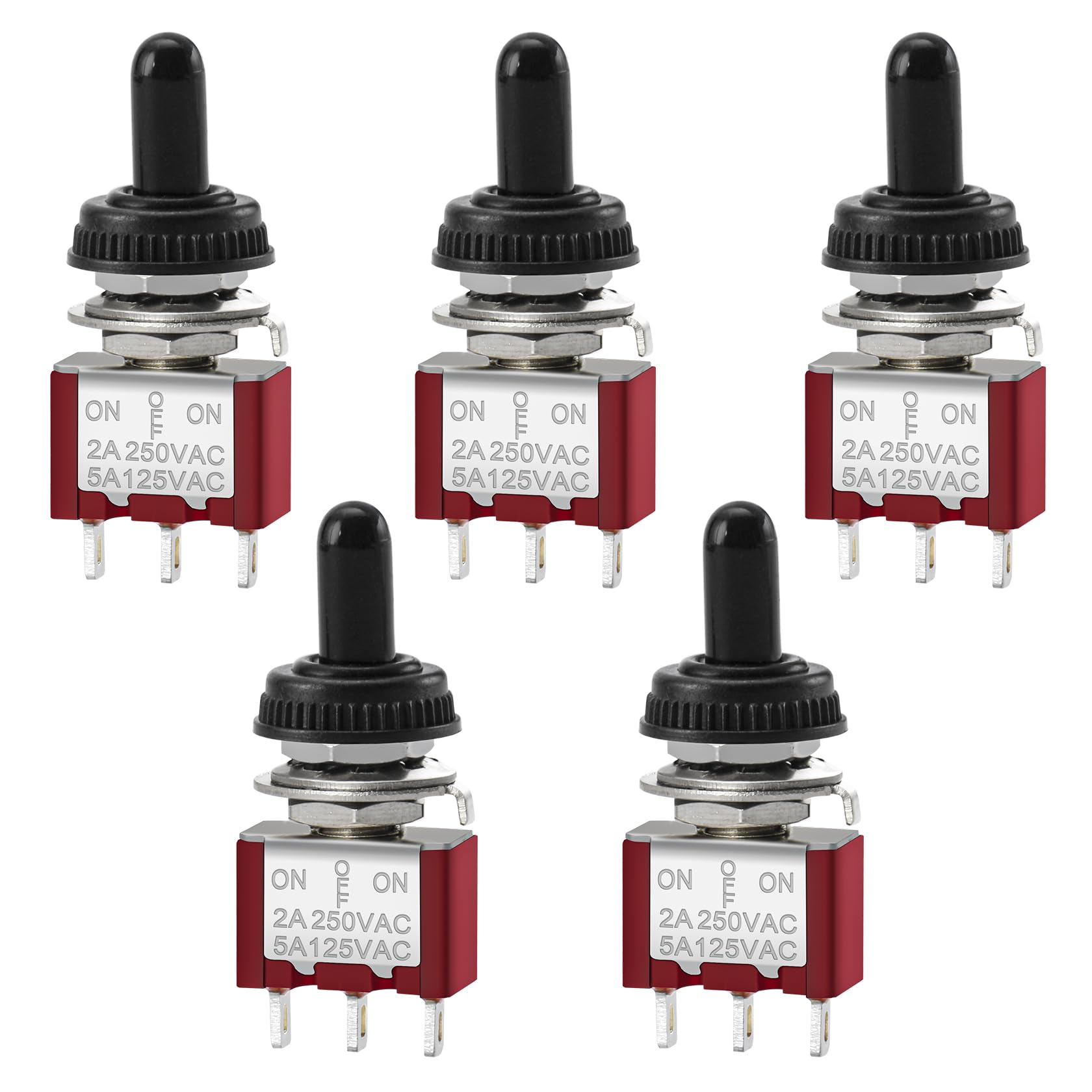 Heschen Mini Momentary Toggle Switch MTS-123, (ON)-OFF-(ON) SPDT, 3 Pin, 2A 250V, 5A 125V, with Waterproof Cover, Pack of 5