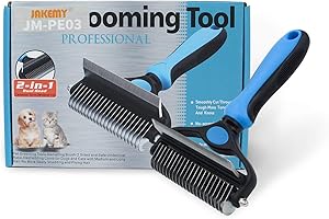 JAKEMY Pet Grooming Tool - 2 Sided Undercoat Rake for Cats & Dogs - Safe Dematting Comb for Easy Mats & Tangles Removing