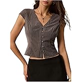 SweatyRocks Women's Striped Button Down Crop Blouse Cap Sleeve V Neck Dressy Casual Blouse