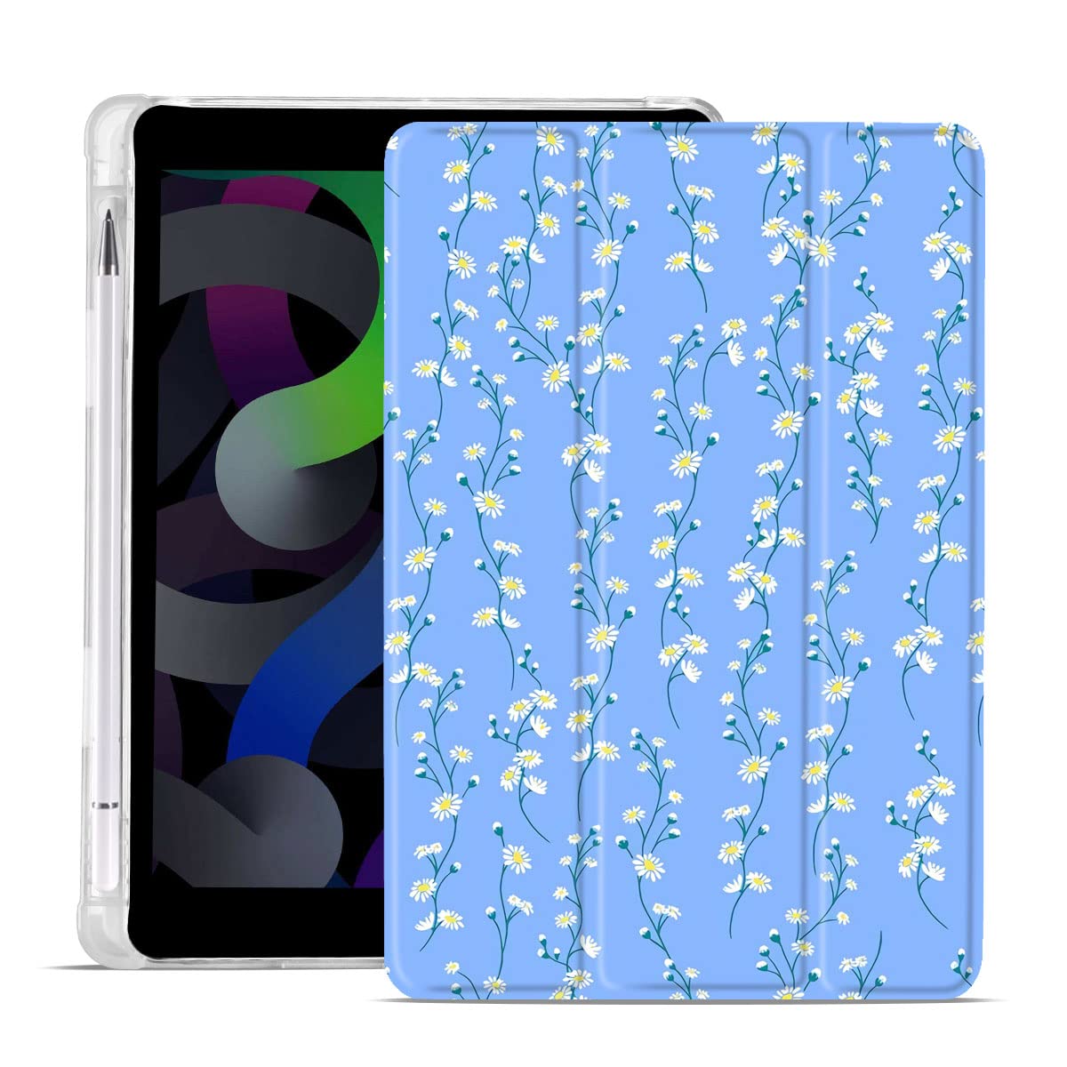 MAYCARI Daisy Flower Case for iPad 2018/2017 9.7 Inch 5th/6th Generation With Pencil Holder, Auto Sleep/Wake, Blue Soft TPU Back Protection for Girls Women Men