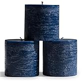CANDWAX 3x3 Pillar Candles Set of 3 - Rustic Unscented No Drip Dark Blue Candles for Home Decor, Weddings, Centerpieces