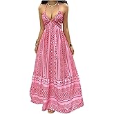 OYOANGLE Women's Boho Maxi Dress Printed Sleeveless Tie Backless Flowy Halter Beach Vacation Sundress